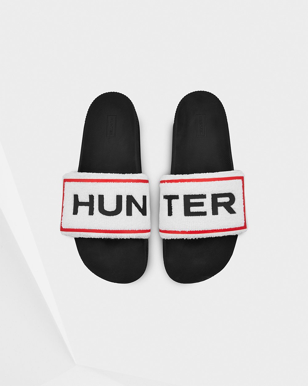 Chanclas Hunter Hombre Original Terry Towelling Logo Adjustable - Negras/Blancas - Argentina 4657VJH